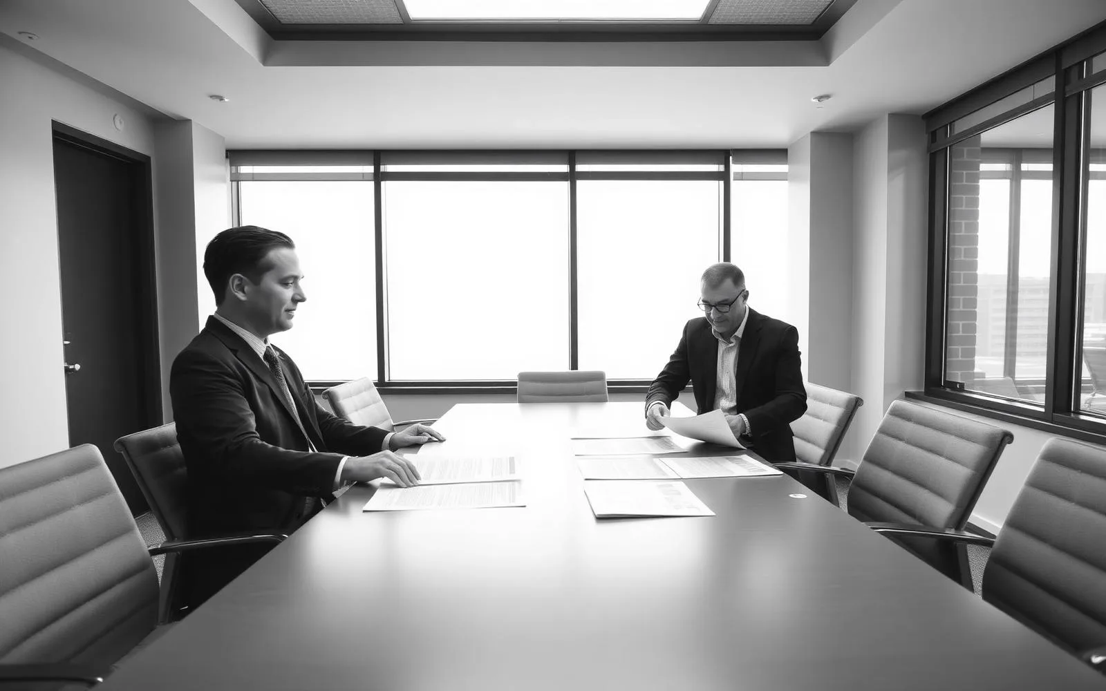 Deux dirigeants assis à la table de réunion d'un bureau montréalais, documents étalés devant eux